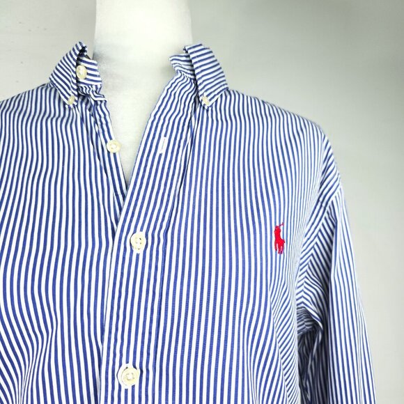 Ralph Lauren Blue Label Slim Fit Navy White Striped Poplin Button Down Shirt - Picture 8 of 11